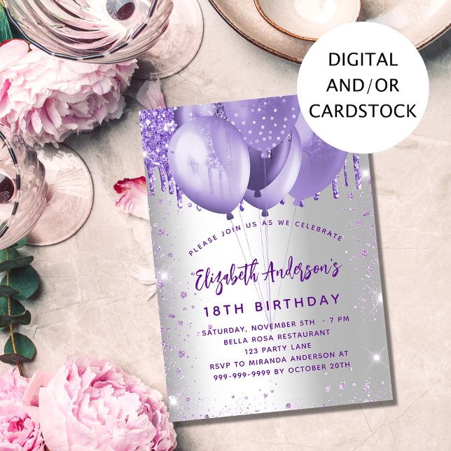 Invitation Ballons à parties scintillant d'argent violet d'an (Créateur téléchargé)