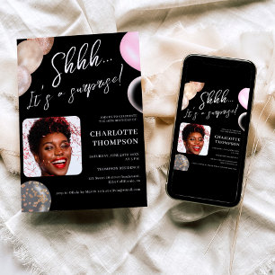 Invitation Ballons amusants or noir photo surprise Sweet 16