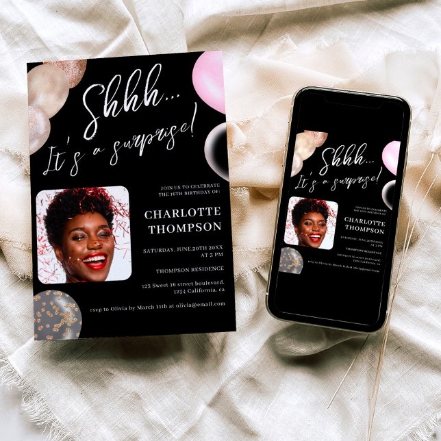 Invitation Ballons amusants or noir photo surprise Sweet 16 (Créateur téléchargé)