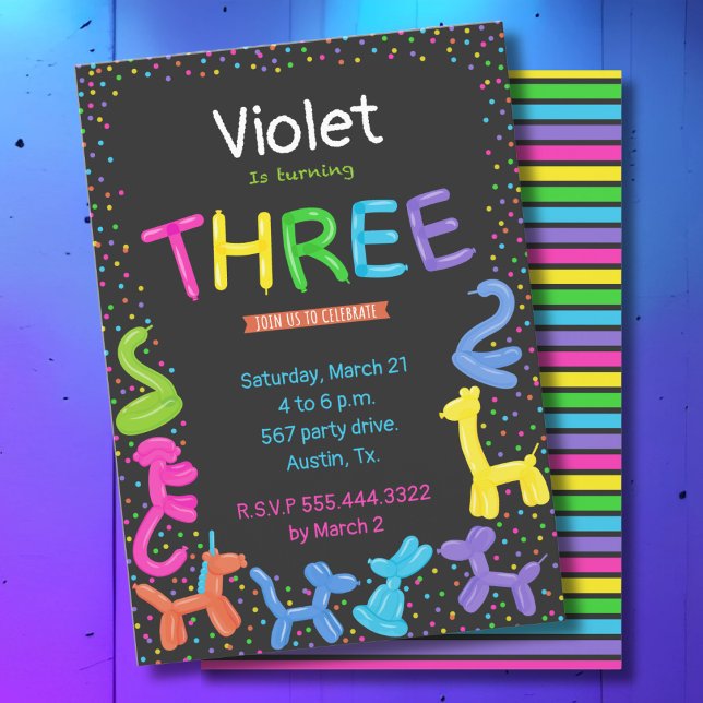 Invitation Ballons animaux couleur néon 3e anniversaire (Créateur téléchargé)