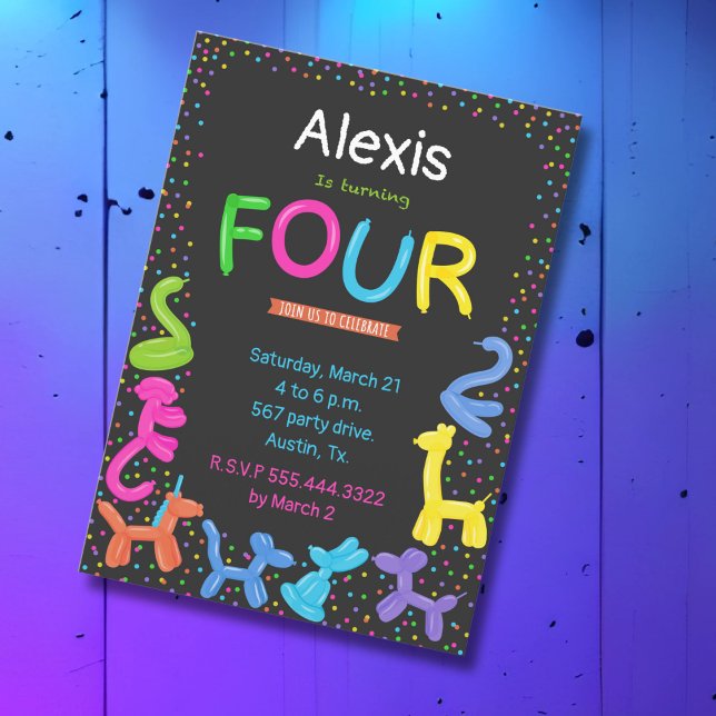 Invitation Ballons animaux couleur néon 4e anniversaire (Créateur téléchargé)
