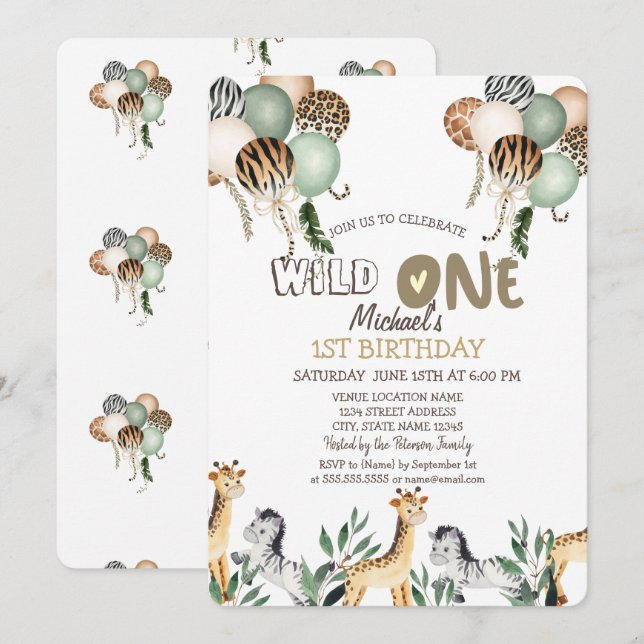 Invitation Ballons Animaux de la Jungle 1er Anniversaire (Devant / Derrière)