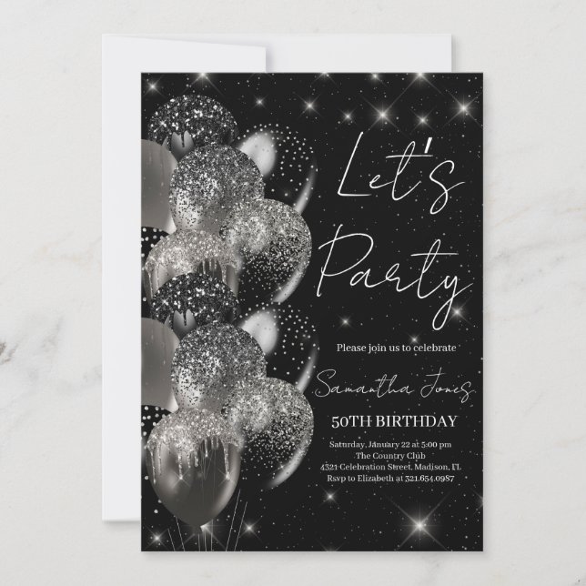 Invitation Ballons anniversaire noir argent parties scintilla (Devant)