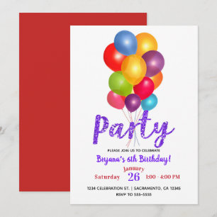 Invitation Ballons Anniversaire Parties scintillant violette