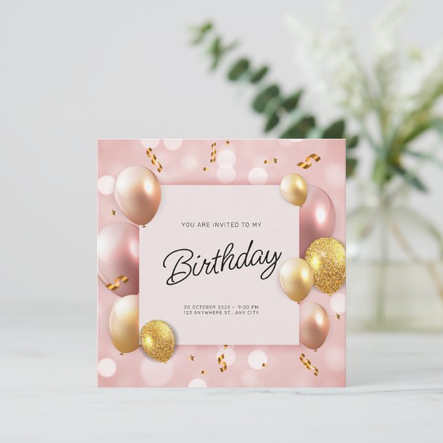 Invitation Ballons Anniversaire Rose Gold (Debout devant)