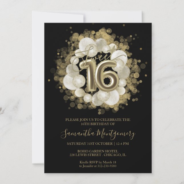 Invitation Ballons aquarelle noirs pour Sweet 16 or (Devant)