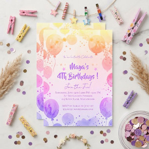 Invitation Ballons Aquarelle Pastel Filles 4ème Anniversaire