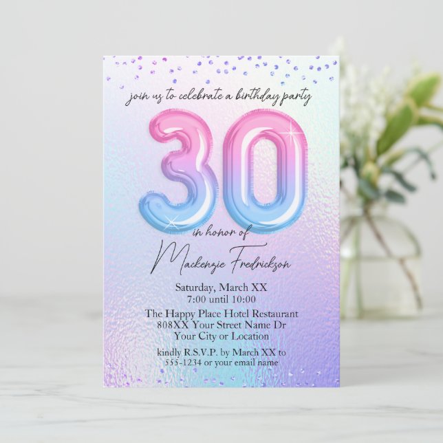 Invitation Ballons Arc-en-ciel Iridescents 30e Anniversaire (Debout devant)