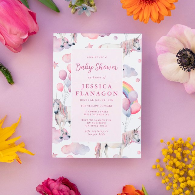 Invitation Ballons arc-en-ciel personnalisés Baby shower rose (Créateur téléchargé)