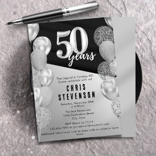 Invitation Ballons Argent Noir Masculins 50e Anniversaire