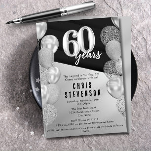 Invitation Ballons Argent Noir Masculins 60 ans Anniversaire