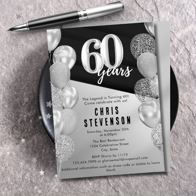 Invitation Ballons Argent Noir Masculins 60 ans Anniversaire (Créateur téléchargé)