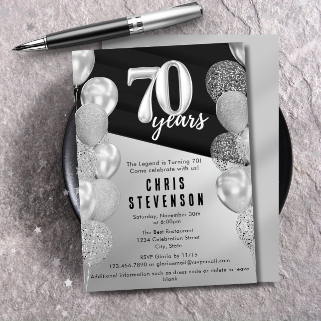 Invitation Ballons Argent Noir Masculins 70e Anniversaire (Créateur téléchargé)