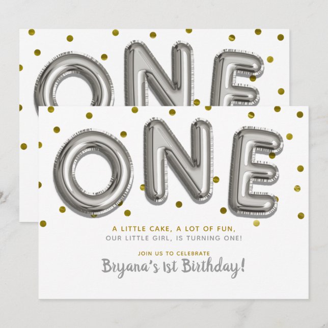 Invitation Ballons Argent & Or Fête d'anniversaire pour UN an (Devant / Derrière)