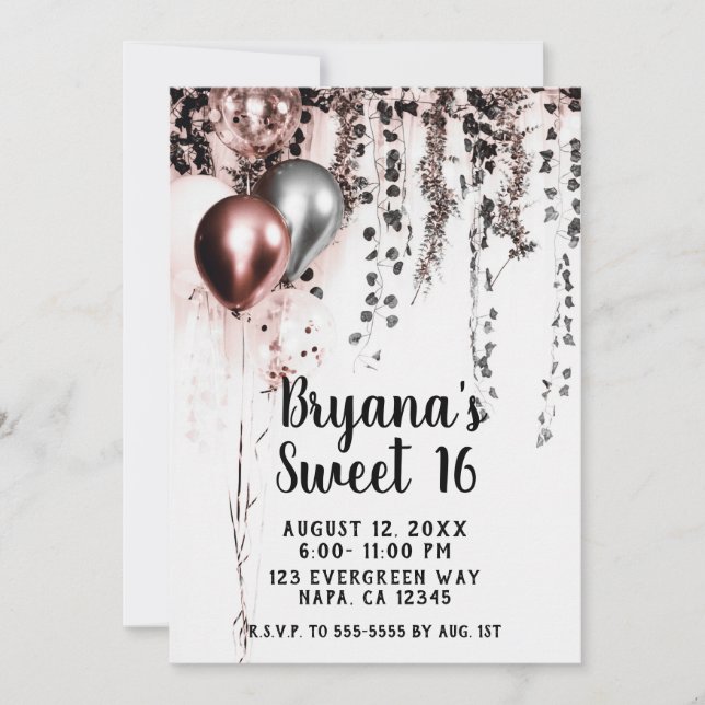 Invitation Ballons argent rose doré Rustique lierre Sweet 16 (Devant)
