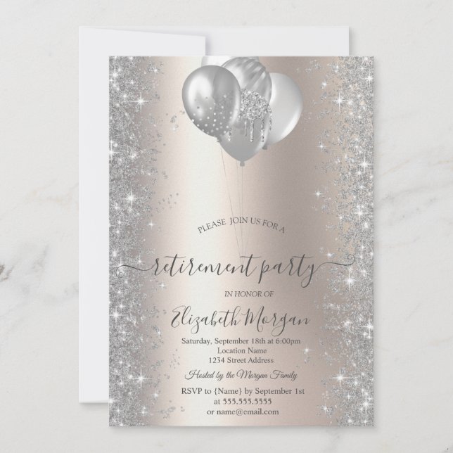 Invitation Ballons Argent Sparkle Diamonds Ivoire Retraite (Devant)