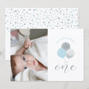 Invitation Ballons argenté et bleu   Fête du 1er anniversaire