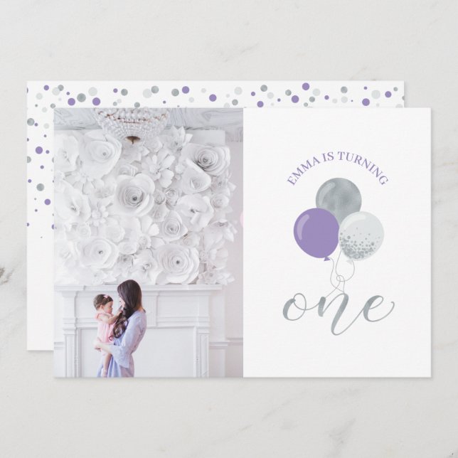 Invitation Ballons argenté et violet | Fille 1er fête d'anniv (Devant / Derrière)