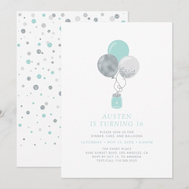 Invitation Ballons Argentés et Menthe Fête Moderne de 18e Ann (Devant / Derrière)