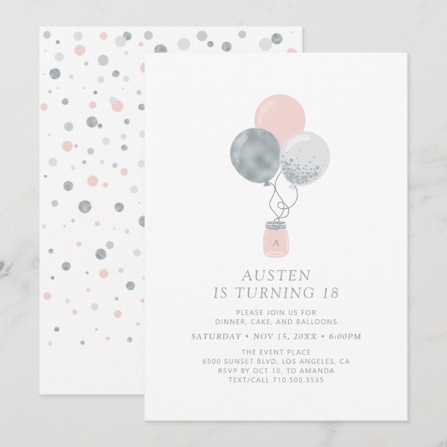 Invitation Ballons Argentés et Roses Modernes Fête d'annivers (Devant / Derrière)