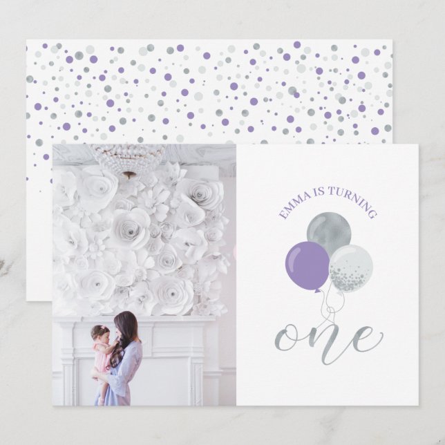 Invitation Ballons Argentés et Violets | Fête du 1er Annivers (Devant / Derrière)