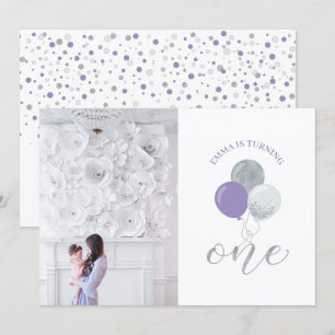 Invitation Ballons Argentés et Violets Fête du 1er Annivers