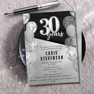 Invitation Ballons argentés masculins pour 30e anniversaire