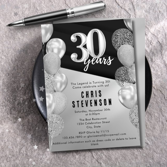 Invitation Ballons argentés masculins pour 30e anniversaire (Créateur téléchargé)