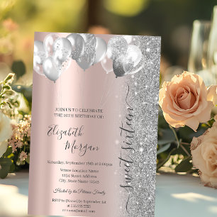 Invitation Ballons Argentés Paillettes Rose Gold Sweet 16