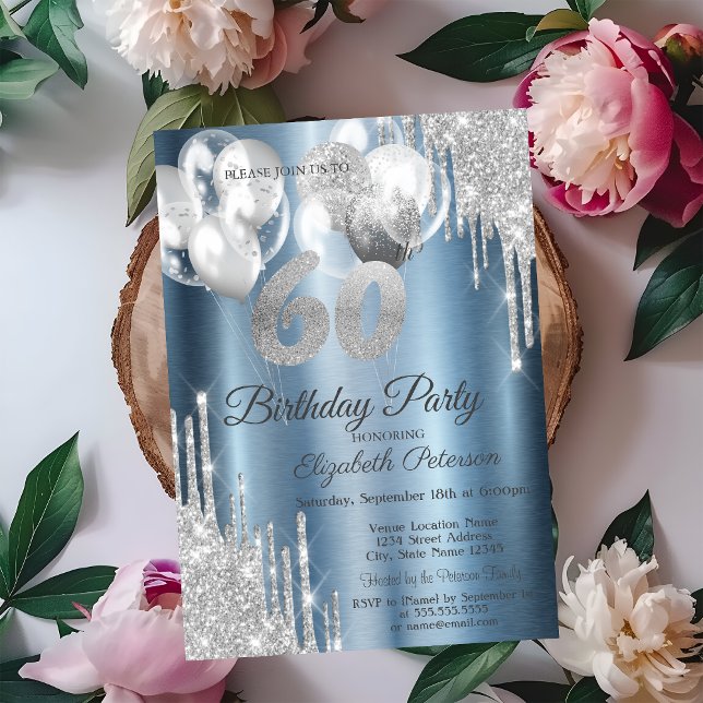 Invitation Ballons avec gouttes de paillettes argentées Bleu  (Créateur téléchargé)