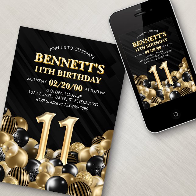 Invitation Ballons Black Gold 11e anniversaire (Créateur téléchargé)