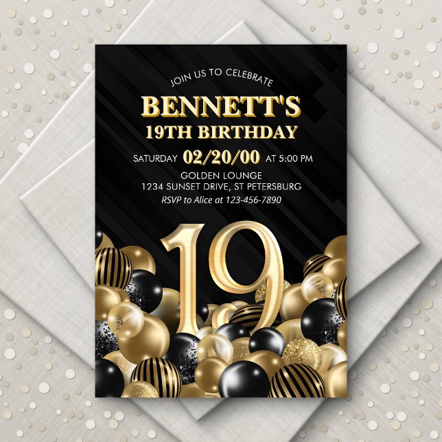 Invitation Ballons Black Gold 19e anniversaire (Créateur téléchargé)