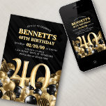 Invitation Ballons Black Gold 40e anniversaire<br><div class="desc">Des tas et des tas de ballons - ce design ne résiste pas ! Doté de chiffres audacieux et d'une typographie élégante dans un espace qui déborde littéralement de ballons, ce design est un coup de fouet instantané. Le jeu de couleurs doré et noir et la typographie rétro donnent une...</div>