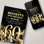 Invitation Ballons Black Gold 60e anniversaire<br><div class="desc">Des tas et des tas de ballons - ce design ne résiste pas ! Doté de chiffres audacieux et d'une typographie élégante dans un espace qui déborde littéralement de ballons, ce design est un coup de fouet instantané. Le jeu de couleurs doré et noir et la typographie rétro donnent une...</div>
