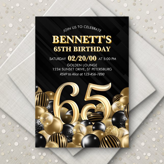 Invitation Ballons Black Gold 65e anniversaire (Créateur téléchargé)