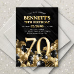 Invitation Ballons Black Gold 70e anniversaire<br><div class="desc">Des tas et des tas de ballons - ce design ne résiste pas ! Doté de chiffres audacieux et d'une typographie élégante dans un espace qui déborde littéralement de ballons, ce design est un coup de fouet instantané. Le jeu de couleurs doré et noir et la typographie rétro donnent une...</div>