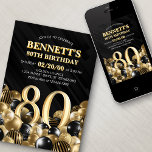 Invitation Ballons Black Gold 80e anniversaire<br><div class="desc">Des tas et des tas de ballons - ce design ne résiste pas ! Doté de chiffres audacieux et d'une typographie élégante dans un espace qui déborde littéralement de ballons, ce design est un coup de fouet instantané. Le jeu de couleurs doré et noir et la typographie rétro donnent une...</div>