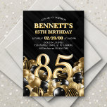Invitation Ballons Black Gold 85e anniversaire<br><div class="desc">Des tas et des tas de ballons - ce design ne résiste pas ! Doté de chiffres audacieux et d'une typographie élégante dans un espace qui déborde littéralement de ballons, ce design est un coup de fouet instantané. Le jeu de couleurs doré et noir et la typographie rétro donnent une...</div>