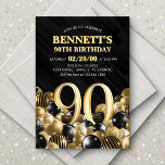 Invitation Ballons Black Gold 90e anniversaire<br><div class="desc">Des tas et des tas de ballons - ce design ne résiste pas ! Doté de chiffres audacieux et d'une typographie élégante dans un espace qui déborde littéralement de ballons, ce design est un coup de fouet instantané. Le jeu de couleurs doré et noir et la typographie rétro donnent une...</div>