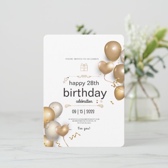 Invitation Ballons Blanc Et Or Anniversaire (Debout devant)