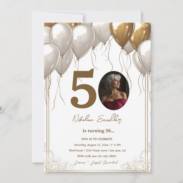 Invitation Ballons blancs et or 50 anniversaire (Devant)
