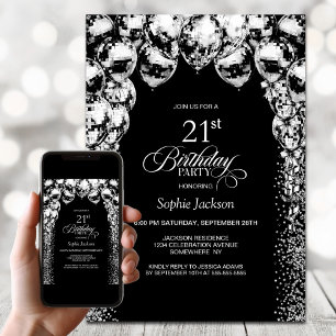 Invitation Ballons blancs noirs 21e fête d'anniversaire