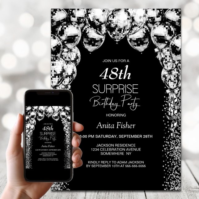 Invitation Ballons blancs noirs N'importe quel âge Surprise a (Créateur téléchargé)