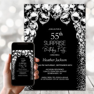 Invitation Ballons blancs noirs Surprise 55e anniversaire