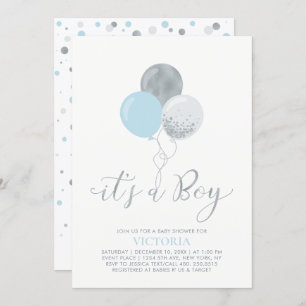 Invitation Ballons bleu et argent   C'est un Baby shower de g