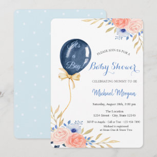 Invitation Ballons bleu fleur, Baby shower de points