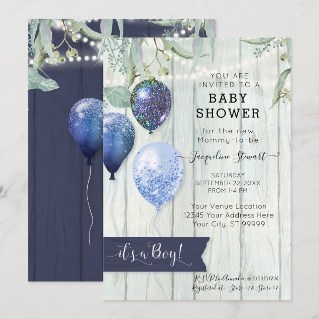 Invitation Ballons bleu marine Baby shower rustique Bois Bois (Devant / Derrière)
