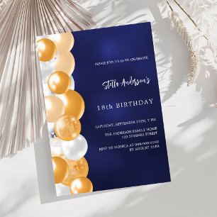 Invitation Ballons bleu marine or anniversaire