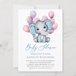 Invitation Ballons bleu petit éléphant Script Baby shower mig