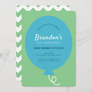 Invitation Ballons Bleu Simple Garçon Vert Anniversaire